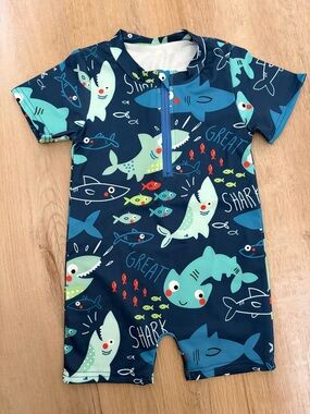 Kids Shark Print Short Sleeve Swim Romper - Navy